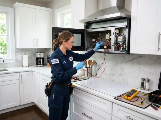 Appliance Repair Hero technician testing an over-the-range microwave in a Blanchardville, WI kitchen